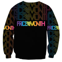 Unisex black sweatshirt with Pride word marks and multicolor logo graphics on sleeves