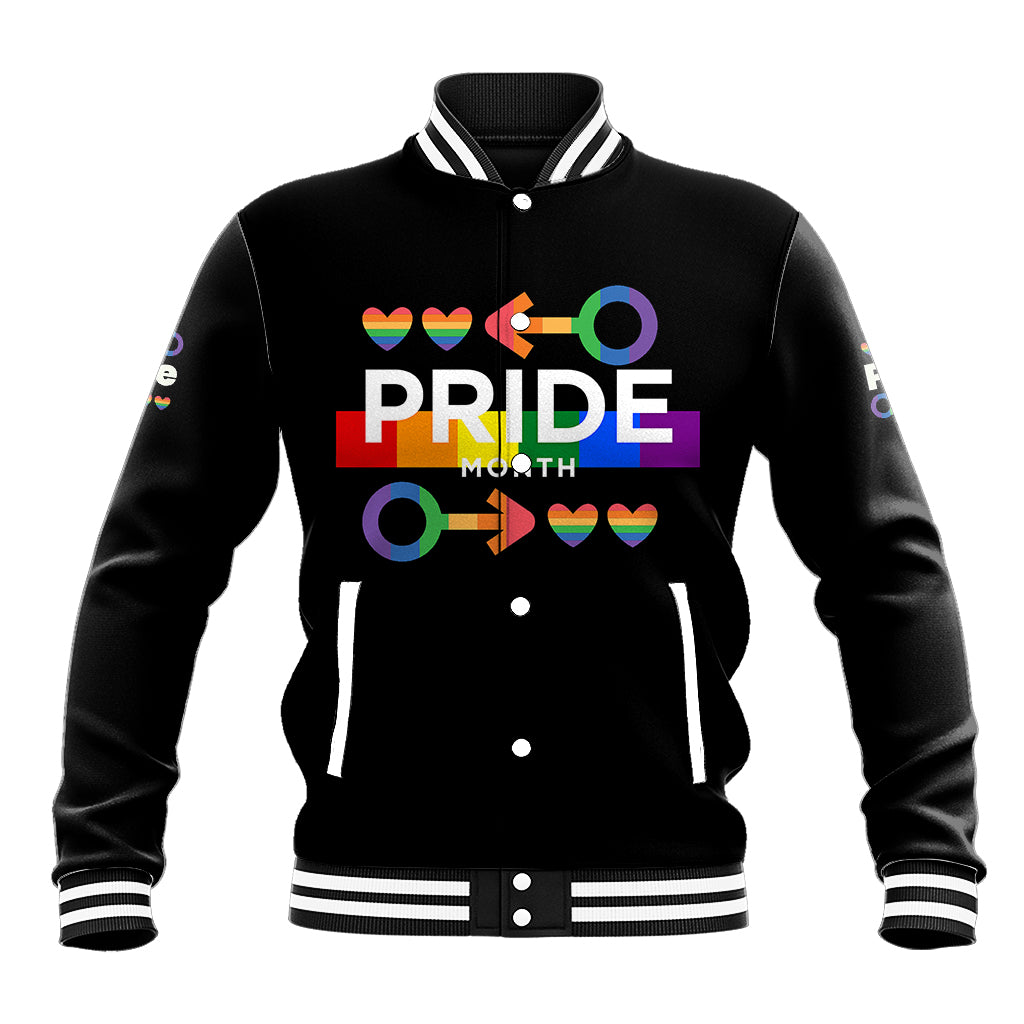 Black pride month baseball jacket with multicolor graphic, striped rib collar and cuffs