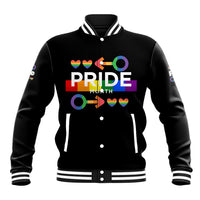 Black pride month baseball jacket with multicolor graphic, striped rib collar and cuffs