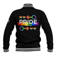 Black baseball jacket with Pride month graphic on back, striped ribbed collar and hem