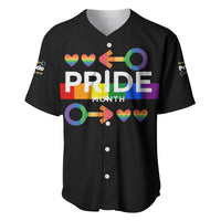Black baseball jersey with Pride Month graphic and rainbow heart and arrow icons