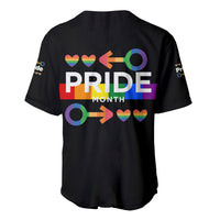 Black baseball jersey back with Pride Month logo and rainbow heart arrow icons