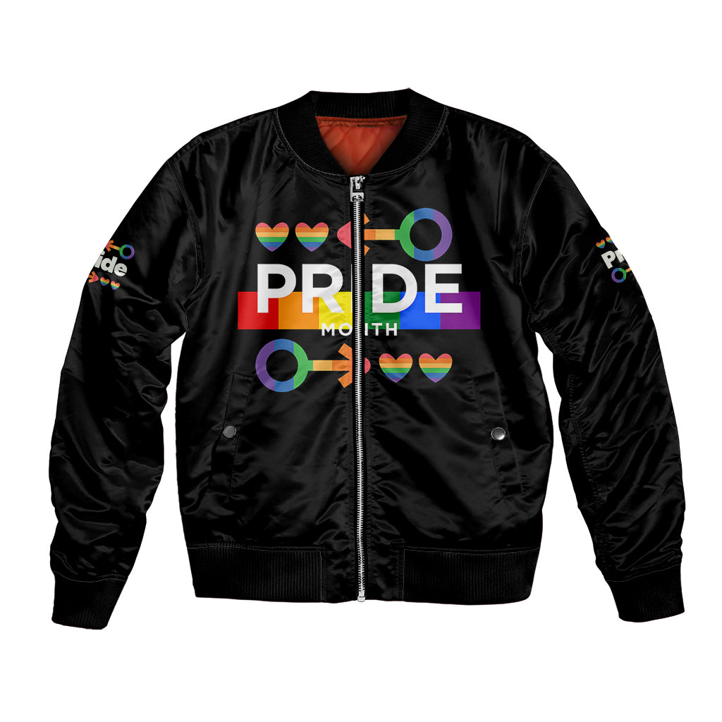 Black bomber jacket with Pride Month graphic, full zip front and ribbed cuffs