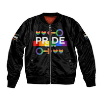 Black bomber jacket with Pride Month graphic, full zip front and ribbed cuffs