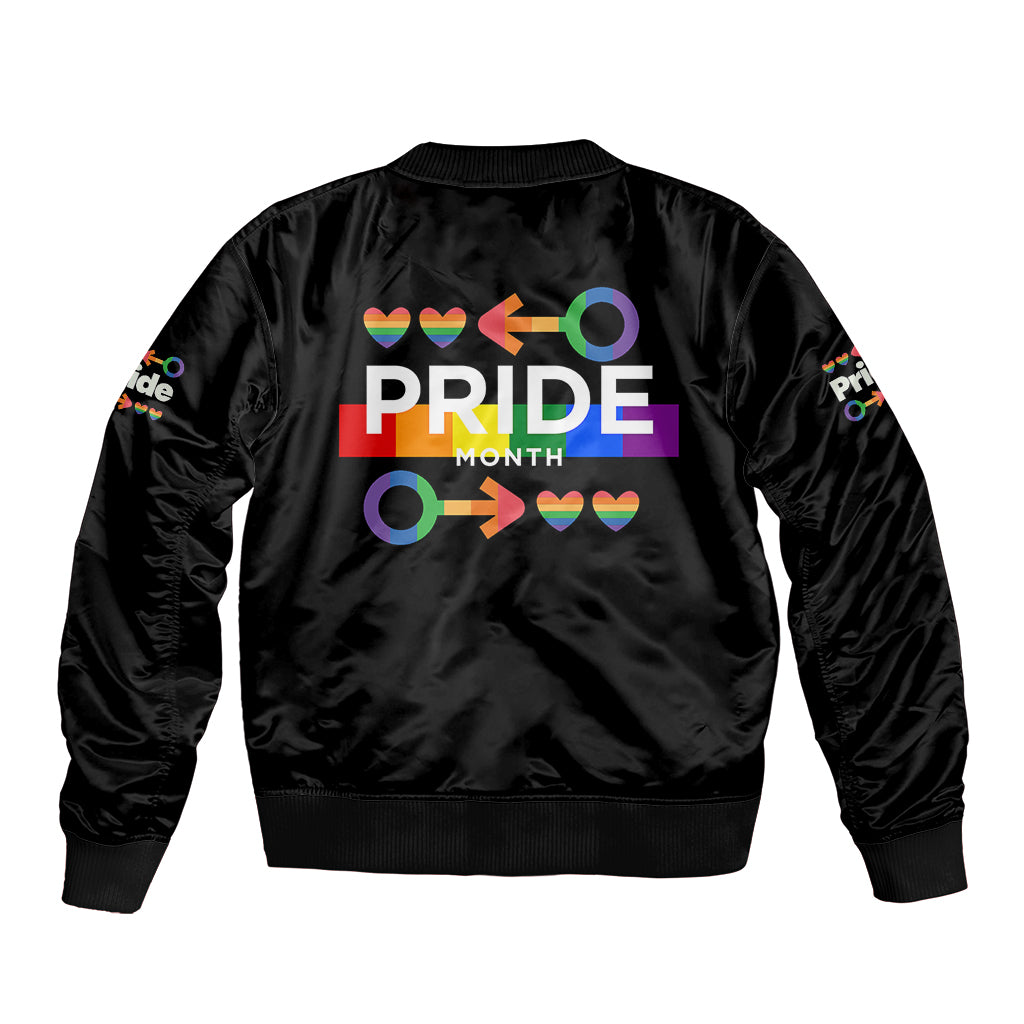 Black bomber jacket with Pride Month graphic on back, ribbed hem and cuffs