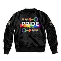 Black bomber jacket with Pride Month graphic on back, ribbed hem and cuffs