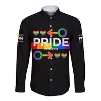 Black long-sleeve button shirt with Pride Month rainbow heart graphic on front
