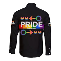 Black long-sleeve button shirt with Pride Month graphic on back