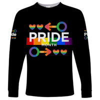 Black long sleeve T-shirt with Pride Month rainbow hearts and arrow graphic