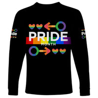 Unisex black long sleeve shirt with Pride Month text, rainbow hearts, and ring icon