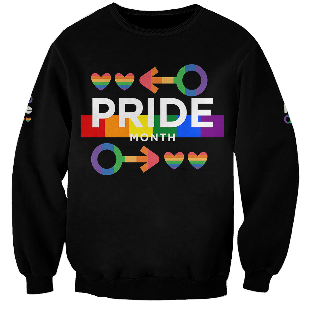 Black unisex sweatshirt with Pride Month rainbow heart graphic