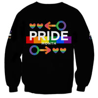 Black unisex sweatshirt with Pride Month rainbow heart graphic, back view