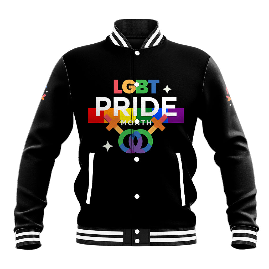 Black baseball jacket with ribbed striped collar, front Pride graphic