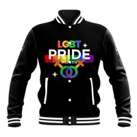 Black baseball jacket with ribbed striped collar, front Pride graphic