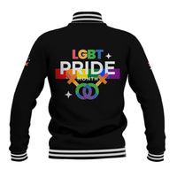 Black baseball jacket with striped ribbed hem and back Pride graphic