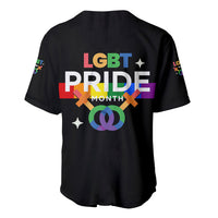 Black baseball jersey back with LGBT Pride Month rainbow logo and short sleeves.