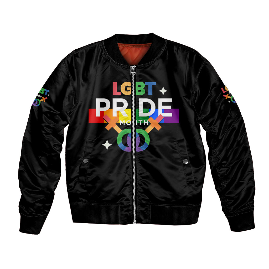 Black bomber jacket with front LGBT Pride graphic and zip front