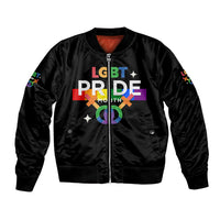 Black bomber jacket with front LGBT Pride graphic and zip front
