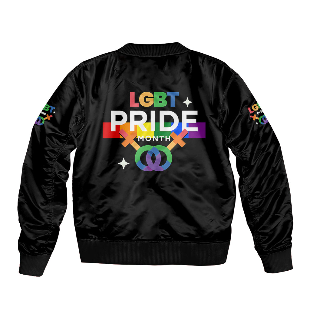 Black bomber jacket with back LGBT Pride Month graphic and ribbed cuffs