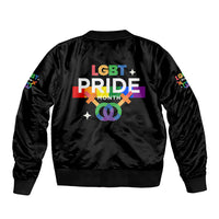 Black bomber jacket with back LGBT Pride Month graphic and ribbed cuffs