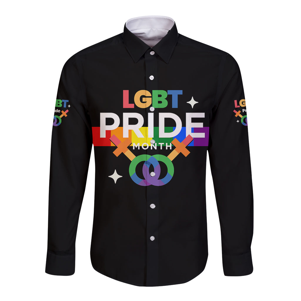 Black long-sleeve button shirt with LGBT Pride Month graphic, unisex fit