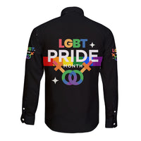 Black long-sleeve button shirt, back view with LGBT Pride Month graphic