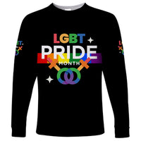 Black long-sleeve shirt with 'LGBT PRIDE MONTH' rainbow graphic on chest