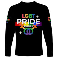 Black unisex long-sleeve tee with 'LGBT PRIDE MONTH' chest print and sleeve icons