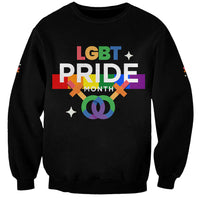 Black sweatshirt with front print: LGBT PRIDE MONTH, stars and rainbow heart emblem
