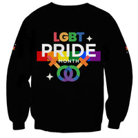 Black sweatshirt with back print: LGBT PRIDE MONTH, stars and rainbow heart emblem