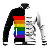Pride baseball jacket with black sleeves, white ribbed collar, rainbow front stripes