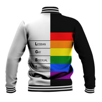 Pride baseball jacket back view, rainbow stripes with gender labels, striped ribbed cuffs