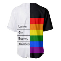 Two-tone baseball jersey with rainbow stripe graphic and LGBTQ text bands