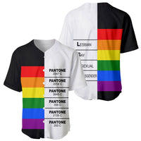 Two-tone baseball jersey shown front and back with rainbow stripes and labels