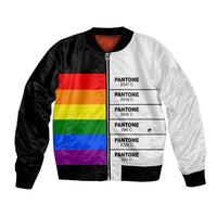 Two-tone bomber jacket with front zipper, pride stripe panel and Pantone label patches