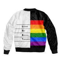 Two-tone bomber jacket with back pride stripes and identity text panel