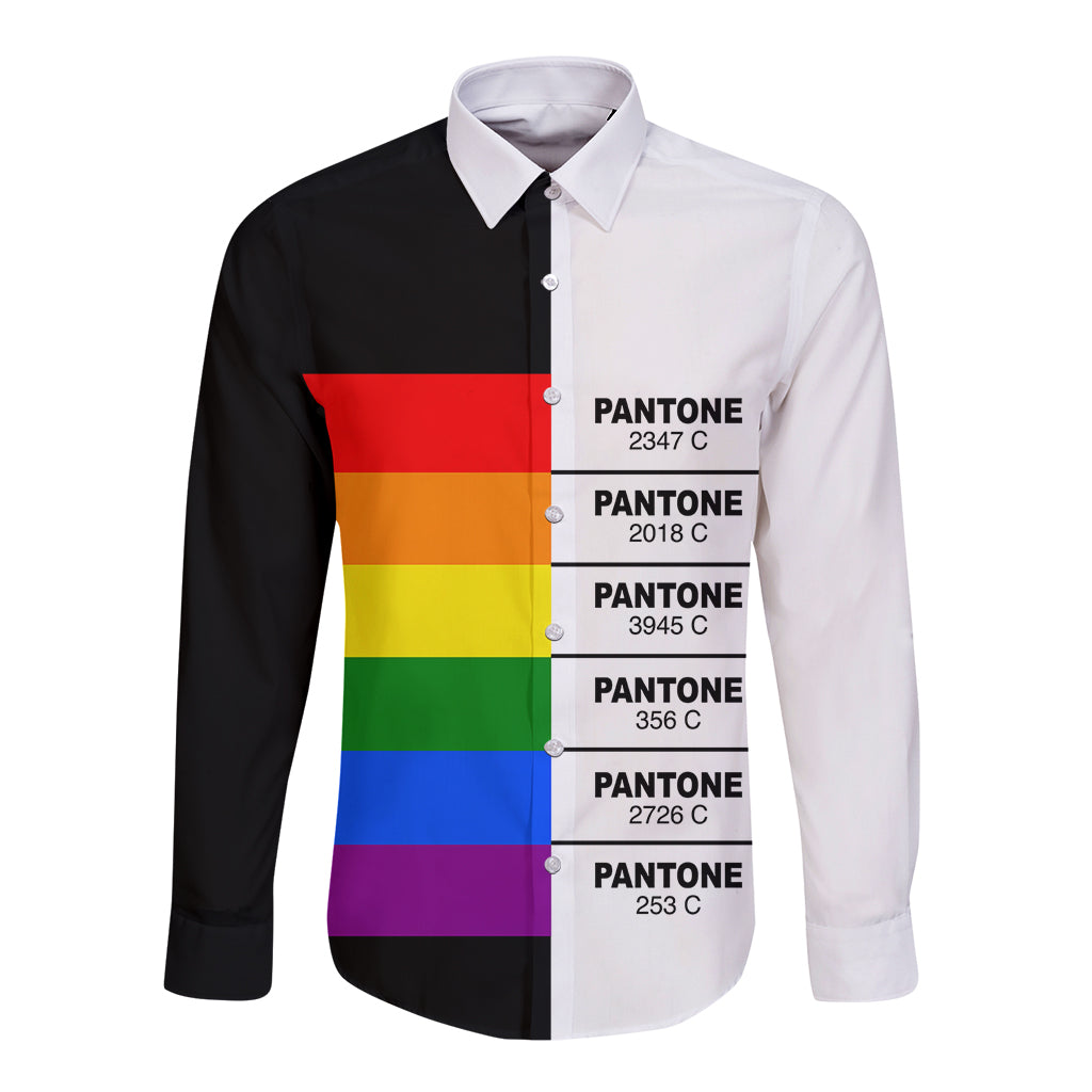 Unisex long-sleeve button shirt with pride color block panel and white and black sides