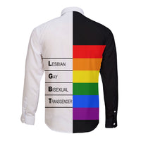 Unisex long-sleeve button shirt with back pride stripes and labels: LESBIAN, GAY, BISEXUAL, TRANSGENDER