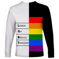 Long-sleeve T-shirt with black/white split, rainbow bars and Lesbian/Gay/Bisexual/Transgender
