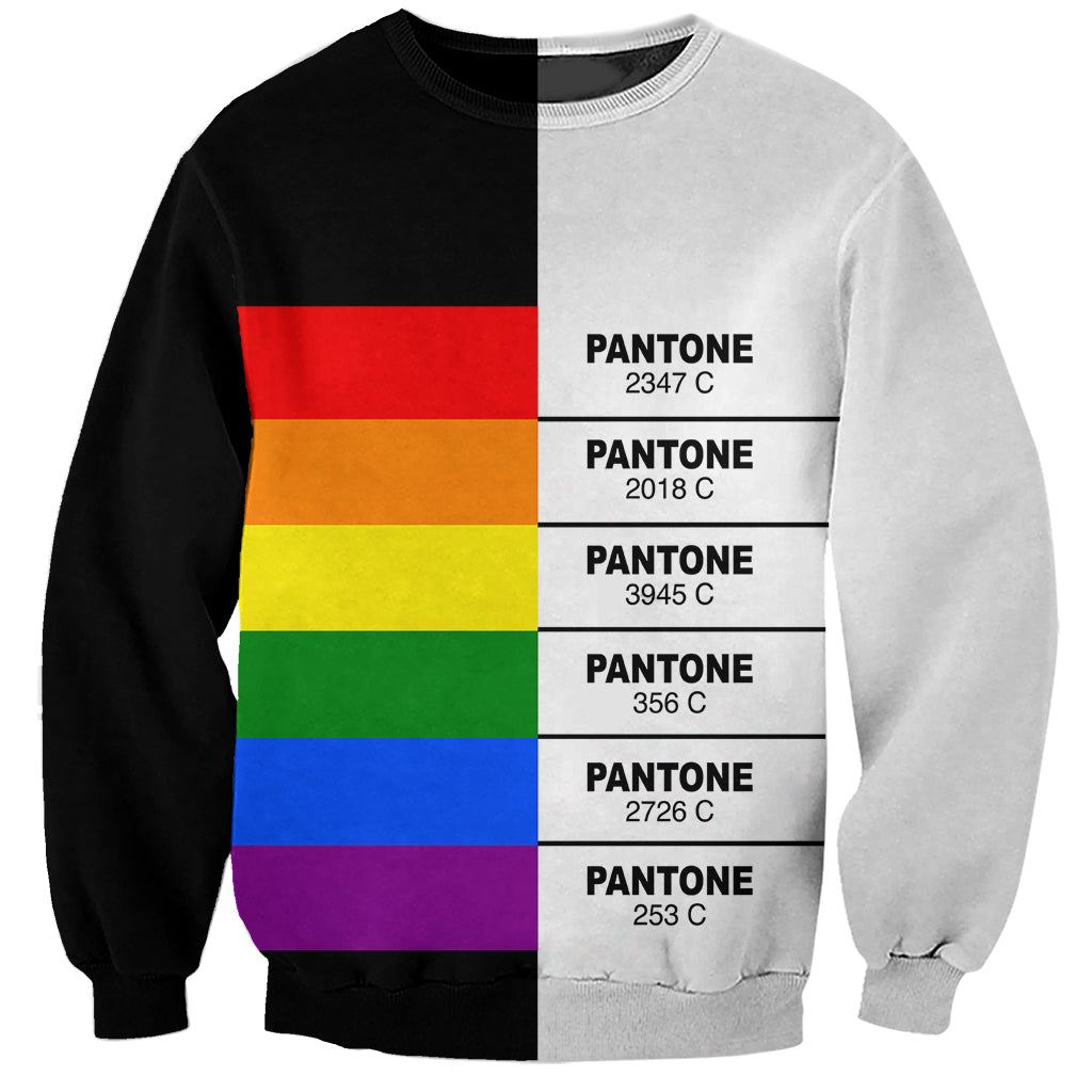 Unisex sweatshirt in black and heather gray with colorful Pantone block print on front