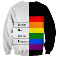 Unisex sweatshirt in light gray and black with pride color bars and text labels