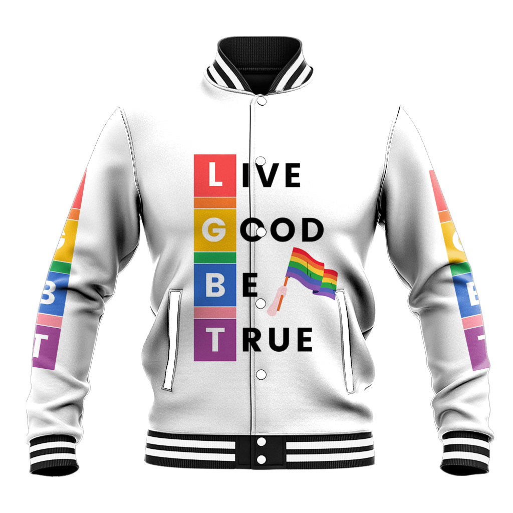 White baseball jacket, front button-up with rainbow sleeve stripes and ribbed collar