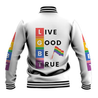 White baseball jacket, back print 'Live Good Be True' with rainbow graphic and striped cuffs