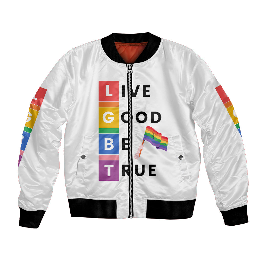 White unisex bomber jacket with zip front, ribbed cuffs, rainbow “LIVE GOOD BE TRUE” print