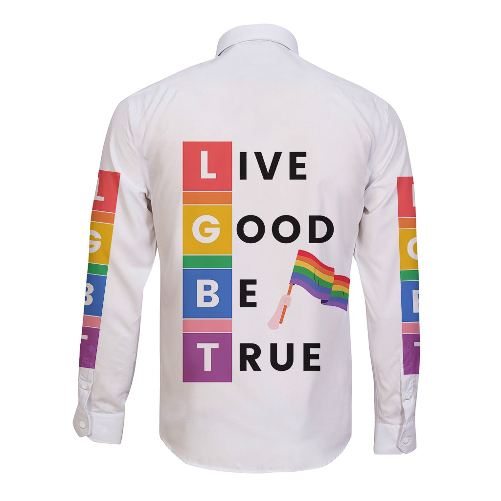 White long-sleeve button-up with back 'Live Good Be True' print and rainbow flag