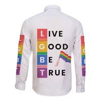 White long-sleeve button-up with back 'Live Good Be True' print and rainbow flag