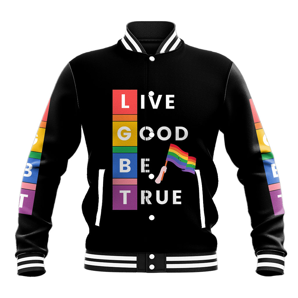 Black unisex baseball jacket, striped collar/cuffs, rainbow sleeve panels, front graphic