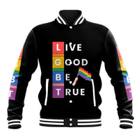 Black unisex baseball jacket, striped collar/cuffs, rainbow sleeve panels, front graphic
