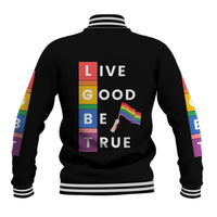 Black unisex baseball jacket, striped collar/cuffs, rainbow sleeve panels, back graphic