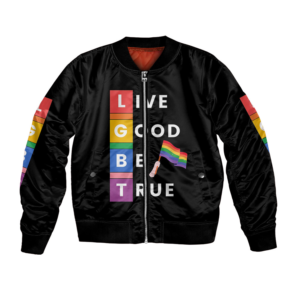 Black unisex bomber jacket with colorful sleeve stripe and "Live Good Be True" front print